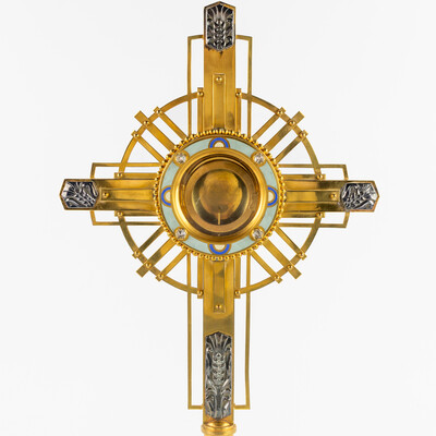 Monstrance By : Vandenhoute Anderlecht style art - deco en Brass / Bronze / Glass / Stones / Enamel, Anderlecht - Belgium  20 th century ( Anno 1930 )