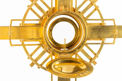 Monstrance By : Vandenhoute Anderlecht style art - deco en Brass / Bronze / Glass / Stones / Enamel, Anderlecht - Belgium  20 th century ( Anno 1930 )