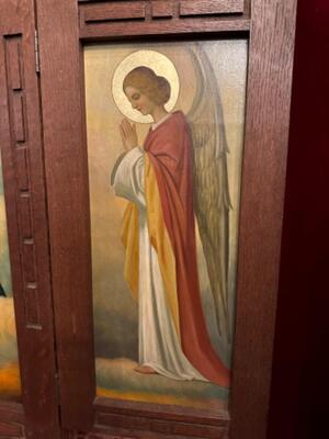 Triptych St. Mary. Hand - Painted Imaginations  style art - deco en Oak wood / Hand - Painted Imaginations on Panel, Belgium  20 th century ( Anno 1930 )