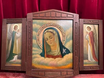 Triptych St. Mary. Hand - Painted Imaginations  style art - deco en Oak wood / Hand - Painted Imaginations on Panel, Belgium  20 th century ( Anno 1930 )
