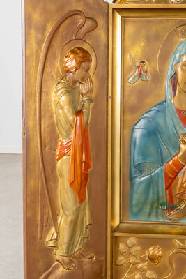 Triptych St. Mary With Child. Hand - Painted Imaginations  style Art Nouveau  en Repousse Copper / Hand - Painted Imaginations , Belgium  20 th century