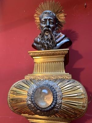 Exceptional Reliquary. Ex Ossibus St. Bernardus  style Baroque en Brass / Glass / Wood Polychrome, Belgium 19th century