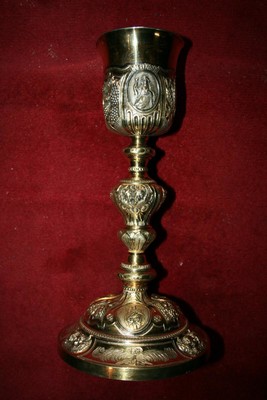 Full Silver Chalice , Floral & Figurative Reliefs , Imaginations Of Hope – Faith – Love With Matching Paten style baroque en silver, France 19th century ( anno 1840 )