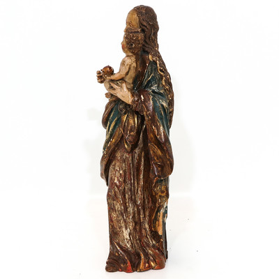 Madonna & Child  style Baroque en hand-carved wood polychrome, France 17 th century