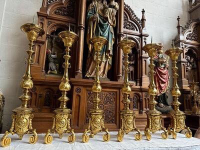 Altar -Set 6 Matching Large Candle Sticks Height Without Pin: 100 Cm ! style Baroque - Style en Brass / Bronze / High Quality Fire - Gilt, Belgium  18 th century ( Anno 1780 )