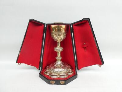 1 Baroque - Style Chalice With Original Case Paten & Spoon.