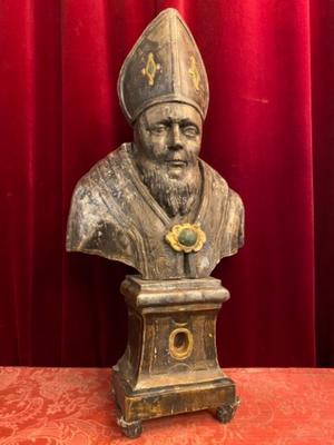 Exceptional Reliquary - Bust / Relic Ex Ossibus St. Nicholas Of Bari  style BAROQUE-STYLE en Hand - Carved Wood Polychrome / Originally Sealed, Italy  17 th century ( Anno 1675 )