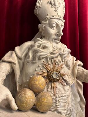 Exceptional Reliquary - Bust St. Nicholas With Original Sealed Relic  style Baroque - Style en Fully Hand - Carved Wood / Glass / Wax Seal / Brass., Austria 17 th century