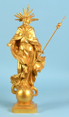 Madonna Immaculata Sculpture style BAROQUE-STYLE en Carved Wood Gilt, Southern Germany 20th Century
