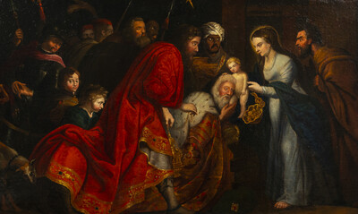 Painting Adoration Of The Three Magi  style Baroque - Style en Painted on Canvas, Flemish School  17 th century
