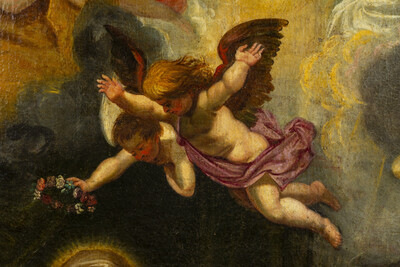 Painting Annunciation  style Baroque - Style en Painted on Linen, Flemish School  17 th century ( Anno 1690 )