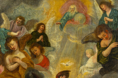 Painting Annunciation  style Baroque - Style en Painted on Linen, Flemish School  17 th century ( Anno 1690 )
