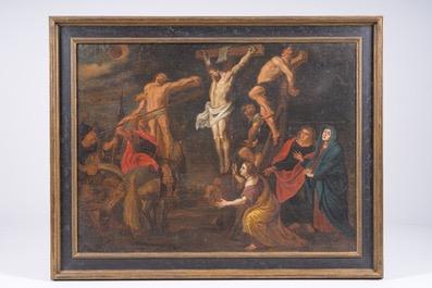 Painting Golgotha - Scene  style Baroque - Style en Painted on Linen / Wooden Frame, Flemish Belgium 18 th century