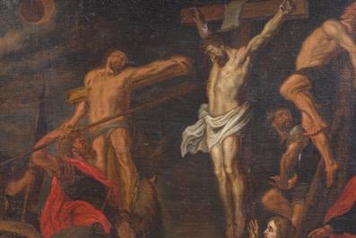 Painting Golgotha - Scene  style Baroque - Style en Painted on Linen / Wooden Frame, Flemish Belgium 18 th century