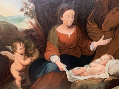 Painting Nativity  Signed: Murillo style Baroque - Style en Painted On Canvas / Linen, Belgium  19 th century ( Anno 1875 )