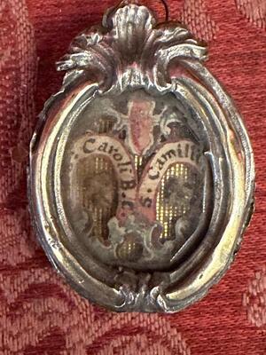 Reliquary - Relic Ex Ossibus St. Carolus ( Charles ) & St. Camillus style Baroque - Style en Silver / Glass / Originally Sealed, Italy  18 th century