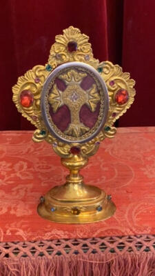 Reliquary - Relic S. Crucis / True Cross style Baroque - Style en Fully Hand - Work / Brass / Glass / Wax Seal / Stones, Monastery  France 18 th century ( Anno 1775 )