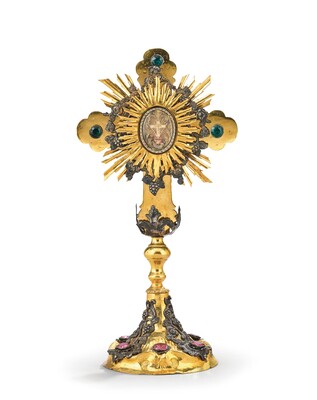 Reliquary - Relic True Cross. style Baroque - Style en Brass / Glass / Originally Sealed, Austria 19 th century