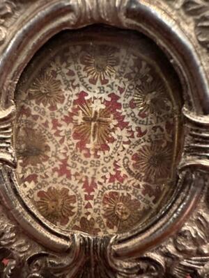 Reliquary - Relic True Cross & More style Baroque - Style en Brass - Silver Plated / Glass / Originally Sealed, Austria 18 th century