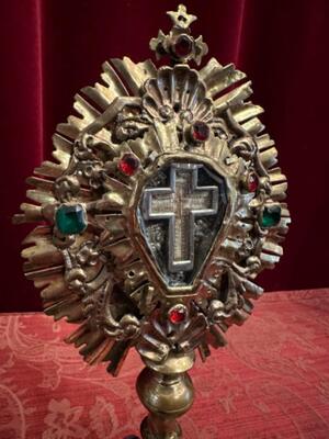 Reliquary - Relic True Cross Theca Rock - Crystal  style Baroque - Style en Theca Rock Crystal - Silver. Fully hand - made brass - stones , Italy  18 th century ( Anno 1745 )
