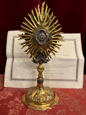Reliquary - Relic True Cross With Original Document style Baroque - Style en Brass - Silver / Glass / Wax Seal, Belgium  18th & 20th Century Relic (1918)