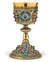 Chalice en silver ENAMELLED , FLORAL DECORATION , AMETHYST CABOCHONS , PEARLS, France 19th century (1875)