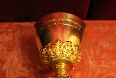 Chalice Complete With Paten Spoon And Original Case  en Brass / Bronze, Belgium 19th century