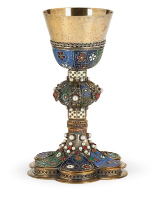 Chalice Weight : 1100 Gr. Higher Price Range ! en silver / emaille / pearls / Turquoise, faceted glass stones, BUDAPEST – HUNGARY 20th century