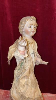 Child Jesus Statue en Hand - Carved Wood Dressed / Glass Eyes, Spain 19 th century ( Anno 1865 )