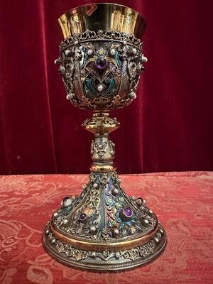 Exceptional Chalice ! style Classical en SILVER GILT , ENAMEL , FLORAL DECORATION , AMETHYST CABOCHONS , PEARLS, Hungary 19 th century