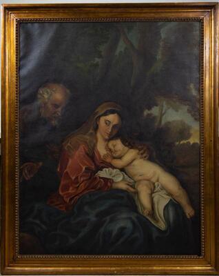 Painting The Holy Family Rests During Flight To Egypt After Anton Van Dyck style Classicistic en Oil on Canvas, Flemish 19 th century ( Anno 1845 )