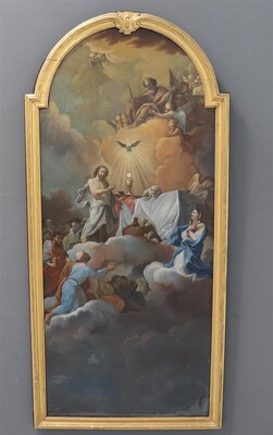 Painting The Holy Trinity style Classicistic en Wooden Frame / Painted on Linen, Belgium  19 th century