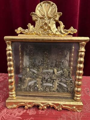 Reliquary Containing Nail Touched To The True Cross & Ex Ossibus Relics style Classicistic en Wood / Gilt / Glass / Fabrics / Fully - Handwork, Southern Germany 18 th century Anno (1775)