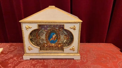 Reliquary - Relics St. Alpinien. St. Ortmarie V.M.  Companions Of St. Ursula. St. Innocentius M. style Classicistic en Wood / Glass / Originally Sealed, France 19 th century ( Anno 1885 )