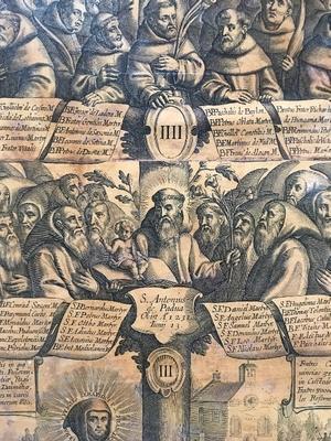 Exceptional And Very Large Engraving “Epilogus Totus Ordinis Seraphici S.P. Francisci” , Framed, 17th-18th Century, Gift For The Abbess Of The Franciscan Sisters At Oudenbosch – Holland In 1881 en COPPER ENGRAVING   HAND COLOURED, Dutch 17 / 18 th century