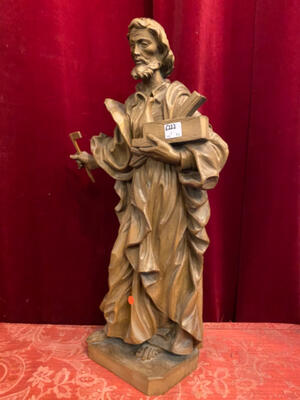 Fully Hand-Carved Sculpture St. Joseph As A Carpenter. Complete With Wall-Console.  en Wood, Oberammergau – Austria very good