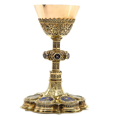 Chalice With Origal Paten & Case. style Gothic  en Full - Silver Silver Marks and Stamps Present / Enamel / Silver, 800/1000, Belgium 19th century