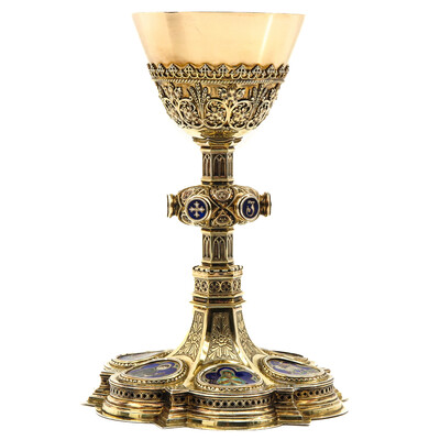 Chalice With Origal Paten & Case. style Gothic  en Full - Silver Silver Marks and Stamps Present / Enamel / Silver, 800/1000, Belgium 19th century