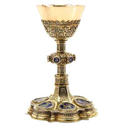 Chalice With Origal Paten & Case. style Gothic  en Full - Silver Silver Marks and Stamps Present / Enamel / Silver, 800/1000, Belgium 19th century