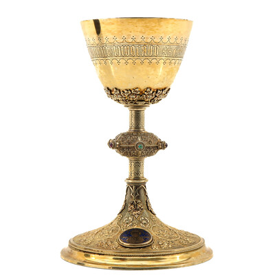 Chalice With Original Paten. By : Bourdon Gent Belgium style Gothic  en Silver Cuppa / Gilt / Stones / Enamel, Gent - Belgium 19th century