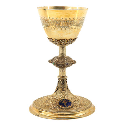 Chalice With Original Paten. By : Bourdon Gent Belgium. Full Silver. style Gothic  en Full Silver / Gilt / Stones / Enamel, Gent - Belgium 19th century