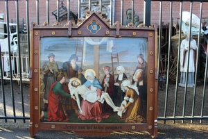 Station Of The Cross style Gothic en Painted on linen, Flemish 19th century
