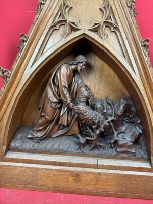 Architectural Ornament Depicting Jesus And The Sheep style Gothic - Style en Oak wood, Netherlands  19 th century ( Anno 1875 )