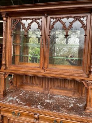 Cabinet  style Gothic - Style en Oak Wood / Marble / Glass, France 19 th century