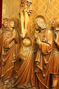 Calvary Scene.  style Gothic - style en fully hand-carved wood Oak. , Belgium. Atelier Bressers - Blanchaert. 19th century