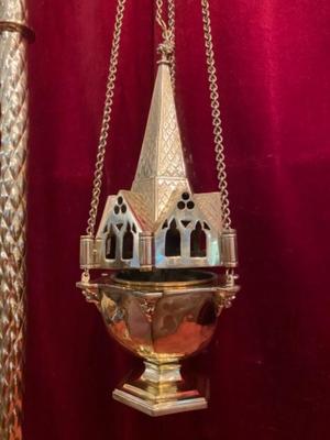 Censer Stand With Boat And Censer  style Gothic - style en Brass / Bronze / Glass / Polished and Varnished, BELGIUM 19 th century