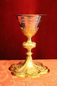 Chalice  style Gothic - style en Cuppa Silver. Paten and Spoon Full Silver, Belgium 19th century