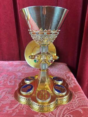 Chalice By: Bourdon style Gothic - Style en Full - Silver / Silver Marks Present / Polished and Varnished / Enamel, Gent - Belgium  19 th century ( Anno 1875 )