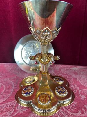 Chalice By: Bourdon Gent ! style Gothic - Style en Full - Silver / Silver Marks Present / Stones / Enamel, Gent - Belgium  19 th century ( Anno 1870 )