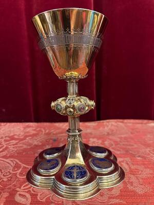 Chalice By: Bourdon Gent style Gothic - Style en Full Silver / Stones / Enamel / Silver Marks Present / Silver 800, Gent - Belgium  19 th century